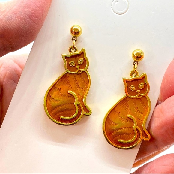Enamel Cat Pierced Post Dangle Earrings - Picture 3 of 7